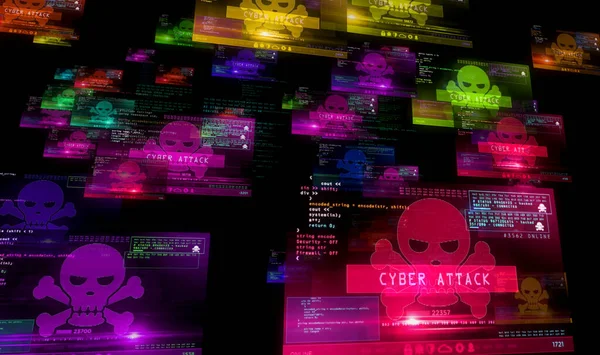 Ataque Cibernético Com Alerta Símbolo Crânio Telas Computador Hacking Sistema — Fotografia de Stock