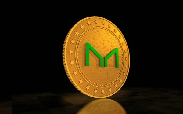 Maker Mkr Σύμβολο Cryptocurrency Χρυσό Νόμισμα Πράσινο Φόντο Οθόνη Αφηρημένη — Φωτογραφία Αρχείου