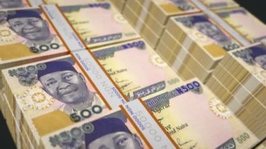 Nijerya Naira para paketi 3D animasyon. Nijerya 'da kusursuz finans, nakit, ekonomi, iş ve banka kavramı. NGN banknot desteleri üzerinde hareket eden kamera.