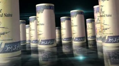 Nijerya Naira ruloları 3D döngü animasyonu. Masada para var. Kusursuz ve döngüsüz soyut ekonomi, finans, iş ve durgunluk kavramı. NIS Nijerya bankaları arasındaki kamera.