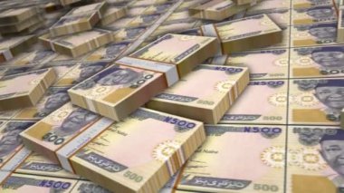 Nijerya Naira banknot döngüsü. NGN para yığınları. Nijerya 'da iş, ekonomi, bankacılık ve finans kavramı. Para paketlerinin üzerinde kamera var. Döngüsüz 3D canlandırma.