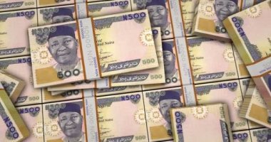Nijerya Naira 'sı 3D animasyonu finanse ediyor. Kamera görüntüsü şehirlerarası. NIS para paketleri. Nijerya 'da enflasyon, ekonomi, kriz, iş, bankacılık, borç ve finans kavramı.
