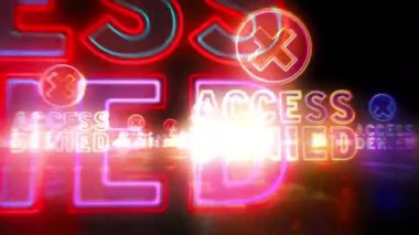 Erişim engelli neon işareti konsepti, siber güvenlik ve sistem koruması. Parlak metin döngüsü. İşaretler arasında uçmak. Gelecekçi uzay soyut 3d biçimlendirilebilir dikişsiz döngü.