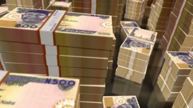 Nijerya Naira para paketleri döngüsü. NGN banknotları üzerinde 3D uçuş kuleleri istifler. Nijerya 'da iş dünyası, ekonomi krizi ve finans konularında kusursuz bir özgeçmiş kavramı.