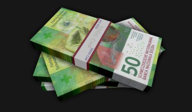 İsviçre Frangı 3D resim paketi. CHF banknot desteleri. İsviçre 'de finans, nakit, ekonomi krizi, iş başarısı, durgunluk, banka, vergi ve borç kavramı.