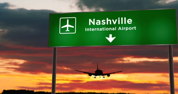 Vliegtuigsilhouet Landt Nashville Tennessee Usa Aankomst Stad Met Luchthaven Richting — Stockfoto
