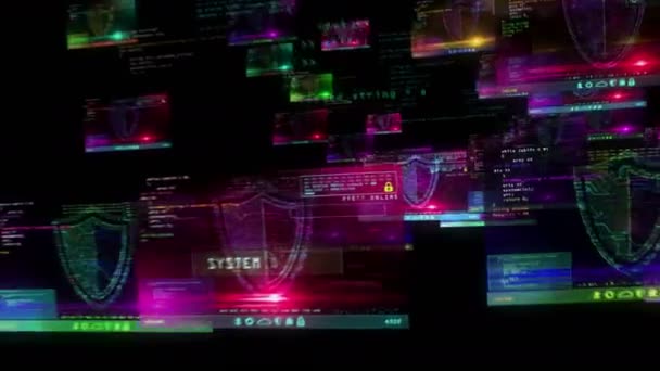 Cyber Sicurezza Con Allarme Simbolo Scudo Sugli Schermi Del Computer — Video Stock