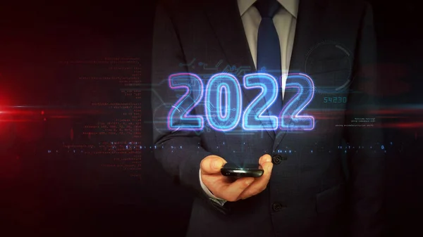 2022 Year New Cyber Design Concept Businessman Touch Hologram Display — Stock Photo, Image