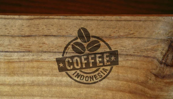 Pieczęć Kawy Indonezja Wydrukowana Drewnianym Pudełku Koncepcja Kraju Fabrycznego Produkcyjnego — Zdjęcie stockowe