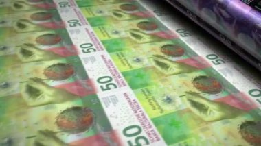 İsviçre Frangı para basım makinesi döngüsü banknotları. Kağıt CHF banknot izi 3D döngü kusursuz. İsviçre 'de bankacılık, borç, finans, ekonomi ve kriz gibi soyut kavramlar.