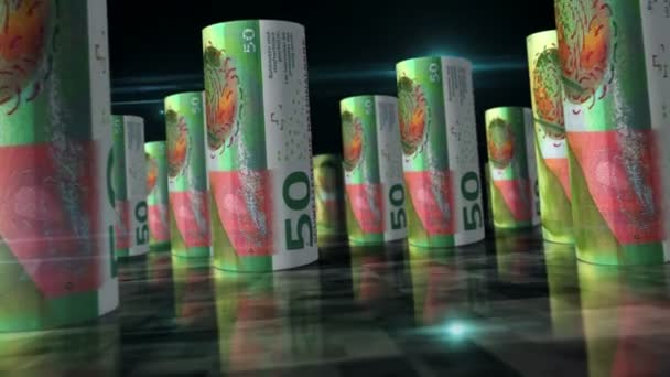 瑞士法郎滚动循环3D动画 钱在桌子上 关于经济 商业和衰退的无缝隙和易碎的抽象概念 瑞士法郎和瑞士法郎之间的照相机 — 图库视频影像
