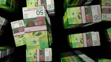 İsviçre Frangı para paketi döngüsü. CHF banknotları üzerinden uçuş üst görünümü destekler. Üç boyutlu, kusursuz bir animasyon. İsviçre 'de soyut ekonomi, kriz, iş ve finans kavramı.