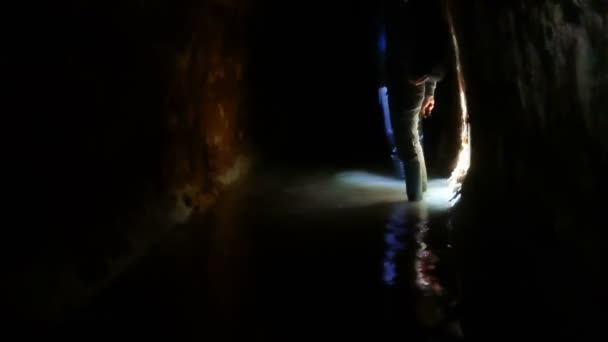 Underground Tunnels Exploration Grottos Caves Walking Flooded Bunkers Ruins Man — Stock Video