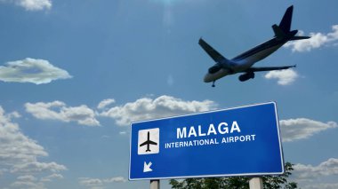 İspanya, Malaga 'ya inen uçak silueti. Havaalanı yön tabelasıyla ve arka planda gün batımıyla şehre vardık. Trip ve ulaşım konsepti 3d illüstrasyon.
