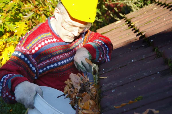 Człowiek Czyszczący Dach Opadłych Liści Czysta Rynna Sezonie Jesiennym Trzymam — Zdjęcie stockowe