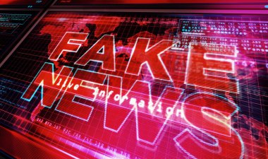 Bilgisayar ekranında sahte haberler. Yayın, trolleme, yanlış bilgi, aldatmaca, propaganda, bilgi ve soyut kavram 3d illüstrasyon.