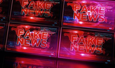 Bilgisayar ekranında sahte haberler. Yayın, trolleme, yanlış bilgi, aldatmaca, propaganda, bilgi ve soyut kavram 3d illüstrasyon.