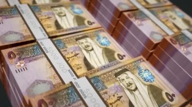 Jordan Dinar para paketi 3D animasyon döngüsü. Döngüsüz finans, nakit, ekonomi, iş ve banka kavramı. Kamera JOD banknot destelerinin üzerinde hareket ediyor.