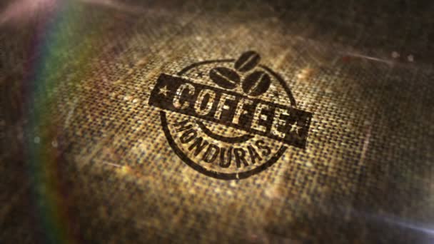 天然リネンの袋にコーヒーホンジュラスのサインスタンプ 製造業 生産国3Dレンダリングデザイン抽象的な概念 ループ状でシームレスなアニメーション — ストック動画