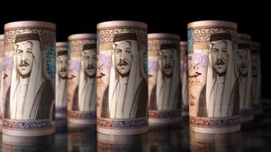 Jordan Dinar para ruloları 3D animasyon döngüsü. Kamera 50 JOD 'nin önünde hareket ediyor. Kusursuz döngüsüz ekonomi, finans, iş ve borç kavramı.