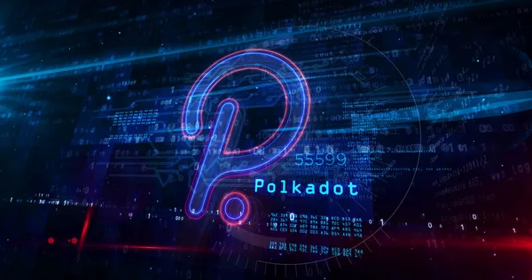 Polkadot neon işareti konsepti, Polka nokta kripto para birimi simgesi, engelleme zinciri para birimi, fintech ve iş teknolojisi. Parlak mesaj. Fütürist 3d görüntüleme.
