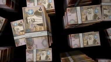 Jordan Dinar para paketi döngüsü. JOD banknotları üzerinde uçuş üst görüş yığını. Üç boyutlu, kusursuz bir animasyon. Ekonomi, kriz, iş ve finans konsepti.
