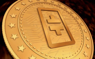 Teta Ağı kripto para birimi sembolü yeşil ekran arka planında altın para. Soyut konsept 3d illüstrasyon.