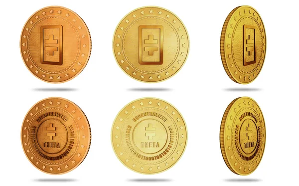 Theta网络加密货币符号在绿色屏幕背景上隔离金币 摘要概念说明 — 图库照片