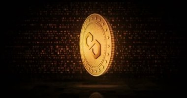 Çokgen, Matic kripto para birimi altın sikkesi çevrilebilir dijital arka planda. Üç boyutlu kusursuz döngü konsepti. Dönen altın metal döngüsü soyut animasyon.