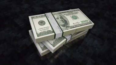 Para yığını. Ekonomi, bankacılık, iş, kriz, durgunluk, borç ve finans konularının kavramı. 100 dolarlık banknotlar animasyon yığınları.
