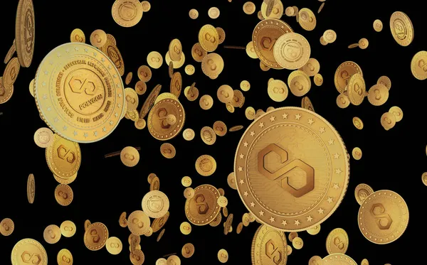 Πολύγωνο Matic Σύμβολο Cryptocurrency Χρυσό Νόμισμα Πράσινο Φόντο Οθόνη Αφηρημένη — Φωτογραφία Αρχείου