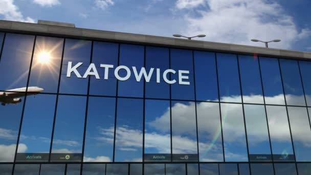 Atterraggio Aereo Katowice Polonia Animazione Rendering Arrivo Città Con Terminal — Video Stock
