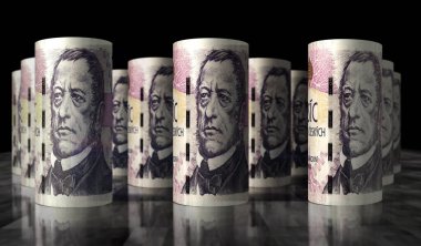 Çek korunası para paketi 3D illüstrasyon. CZK banknot rulosu. Maliye, nakit, ekonomi krizi, iş başarısı, durgunluk, banka, vergi ve borç kavramı.