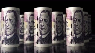 Çek Koruna para ruloları 3D animasyon döngüsü. Kamera CZK 'nin önünde hareket ediyor. Kusursuz döngüsüz ekonomi, finans, iş ve borç kavramı.