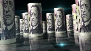 Çek koruna ruloları 3D döngü animasyonu. Masada para var. Kusursuz ve döngüsüz soyut ekonomi, finans, iş ve durgunluk kavramı. CZK arasındaki kamera banknotları yuvarladı.