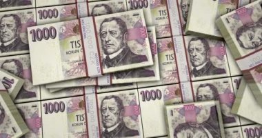 Çek korunası 3 boyutlu animasyonu finanse ediyor. Kamera görüntüsü şehirlerarası. CZK para paketleri. Enflasyon, ekonomi, kriz, iş, bankacılık, borç ve finans kavramı.