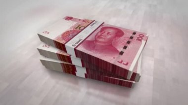 Çin Yuanı Renminbi para yığını. Ekonomi, bankacılık, işletme, kriz, durgunluk, borç ve Çin 'deki finans kavramını ele alalım. 100 RMB banknotları canlandırmayı desteler.
