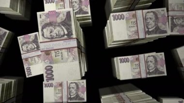 Çek Koruna para paketi döngüsü. CZK banknotları üzerindeki uçuş üst görünümü destekler. Üç boyutlu, kusursuz bir animasyon. Ekonomi, kriz, iş ve finans konsepti.
