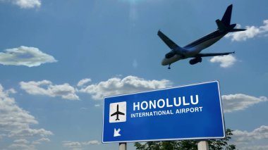Uçak silueti Honolulu, Hawaii, ABD 'ye iniyor. Uluslararası havaalanı yön tabelasıyla ve mavi gökyüzüyle şehrin gelişi. Seyahat, seyahat ve ulaşım konsepti 3D illüstrasyon.