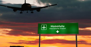 Uçak silueti Honolulu, Hawaii, ABD 'ye iniyor. Havaalanı yön tabelasıyla ve arka planda gün batımıyla şehre vardık. Trip ve ulaşım konsepti 3d illüstrasyon.