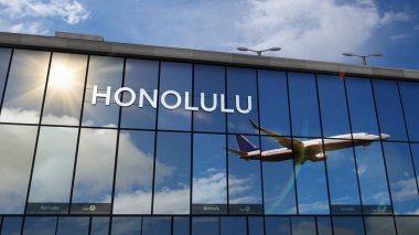 Honolulu, Hawaii 'ye uçak iniyor, ABD 3D görüntüleme. Cam havaalanı terminali ve jet uçağının yansıması ile şehre varış. Seyahat, iş, turizm ve ulaşım.