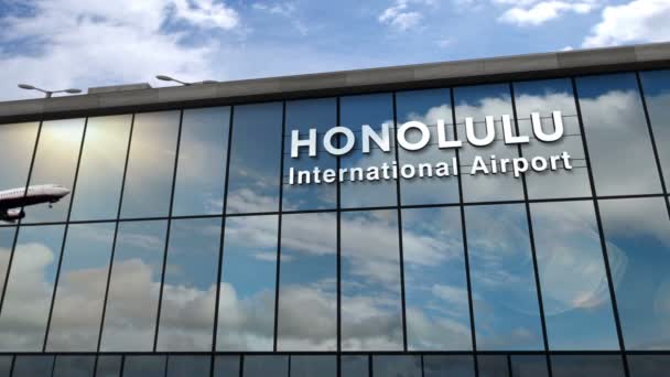Planlandning Honolulu Hawaii Usa Renderingsanimering Ankomst Till Staden Med Flygplatsterminalen — Stockvideo