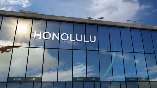 하와이 호놀룰루에 착륙하는 비행기 렌더링 애니메이션 도시에 유리창 터미널을 설치하고 — 비디오
