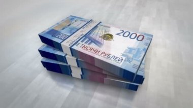 Rus Rublesi para yığını. Rusya 'da ekonomi, bankacılık, ticaret, kriz, durgunluk, borç ve finansman kavramları. 2000 rub banknotları canlandırmayı desteler.