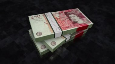 Sterling para yığını. Ekonomi, bankacılık, ticaret, kriz, durgunluk, borç ve finans konularının kavramı. 50 GBP banknotları canlandırmayı desteler.