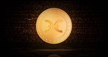 Holochain, holo hot kripto para sembolü yeşil ekranda altın para. Soyut konsept 3d illüstrasyon.