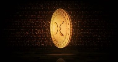 Holochain, Holo, çevrilebilir dijital arka planda sıcak kripto altın sikke. Üç boyutlu kusursuz döngü konsepti. Dönen altın metal döngüsü soyut animasyon.