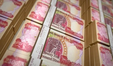 Irak Dinarı 'nın para paketi 3D resim. IQD banknot desteleri. Maliye, nakit, ekonomi krizi, iş başarısı, durgunluk, banka, vergi ve borç kavramı.