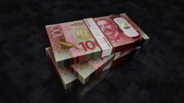 Yeni Zelanda Doları para yığını. Ekonomi, bankacılık, iş, kriz, durgunluk, borç ve finans konularının kavramı. 100 NZD banknotları canlandırmayı desteler.