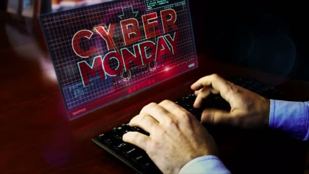 Homem Digitando Teclado Com Cyber Monday Tela Mesa Hot Deal — Vídeo de Stock